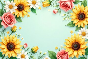 Obraz premium Vibrant Floral Border Featuring Sunflowers and Roses on a Pastel Background, Perfect for Invitations or Announcements
