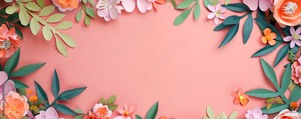 Wall mural Spring frame made of handmade paper flowers and leaves against a pink background