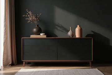 Stylish Dark Wood Chest of Drawers with Dried Flowers and Vases in a Modern Interior