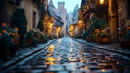 Obraz premium Charming historic cobblestone street in a picturesque European city with warm golden streetlights casting a soft glow creating a quiet and nostalgic ambiance