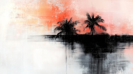 Abstract oil painting of palm tree silhouette against vibrant sunset.