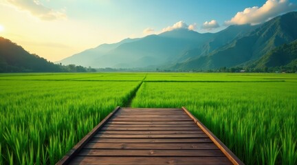 Fototapeta premium Serene Wooden Pathway Through Lush Green Rice Paddies Leading to Majestic Mountains Under a Tranquil Sunset Sky