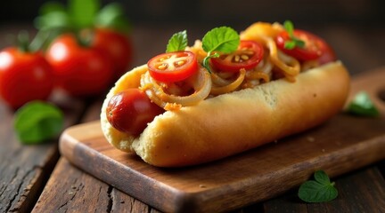 Savory Grilled Sausage in a Toasted Bun Topped with Caramelized Onions and Fresh Tomatoes