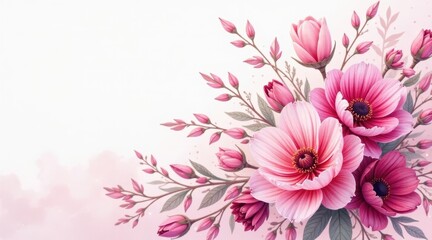 Obraz premium Delicate Pink Blooms and Buds Arranged in a Corner Composition with a Soft, Pastel Background