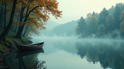 Obraz premium Serene autumnal lake scene with a lone wooden rowboat gently resting on tranquil waters, shrouded in a mystical morning fog, under the canopy of golden leaves