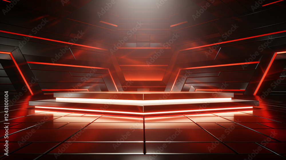 Poster a silver stage with an abstract geometric background and warm red lighting, ideal for futuristic pre