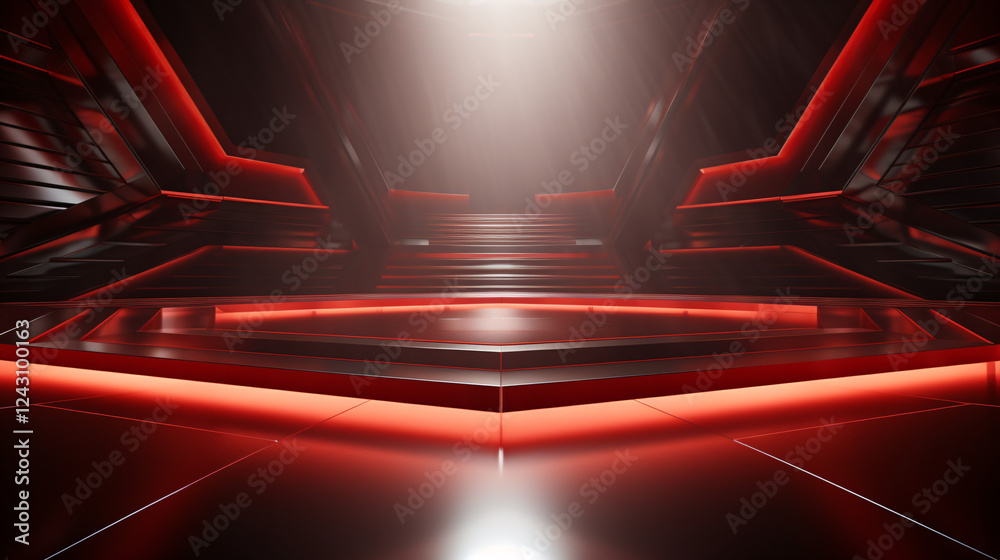 Aufkleber a silver stage with an abstract geometric background and warm red lighting, ideal for futuristic pre
