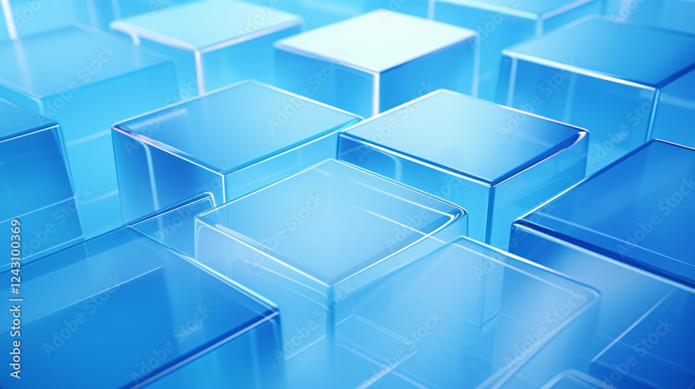 Poster a simple 3d geometric spread of looping shapes on a transparent blue background, ideal for futuristi