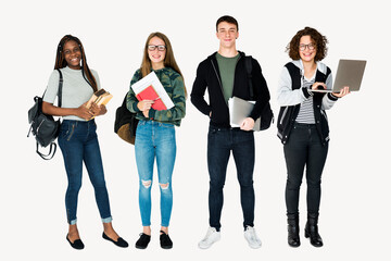 High school students carrying books, isolated on off white