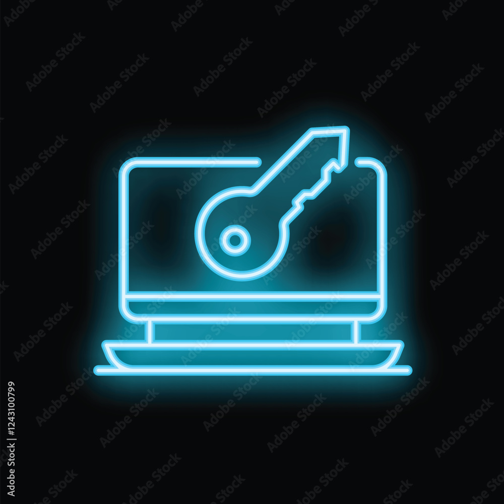 Poster blue neon icon representing a key displayed on a computer screen, conveying concept of computer secu