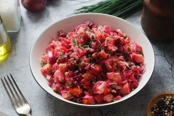 A bowl with Vinegret salad, a typical Russian dish
