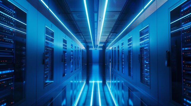 Sleek server hallway featuring glowing neon blue lighting, mirrored reflective floors, and advanced server infrastructure in a high-tech, modern design