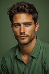 arafed man with a green shirt looking at the camera
