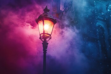 A street lamp is lit up in the middle of a foggy night