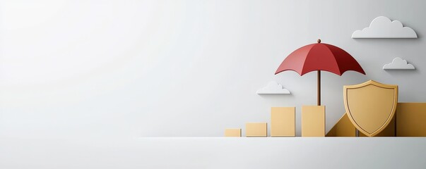 financial planning insurance tools concept. Protection concept with an umbrella and shield over boxes and clouds.