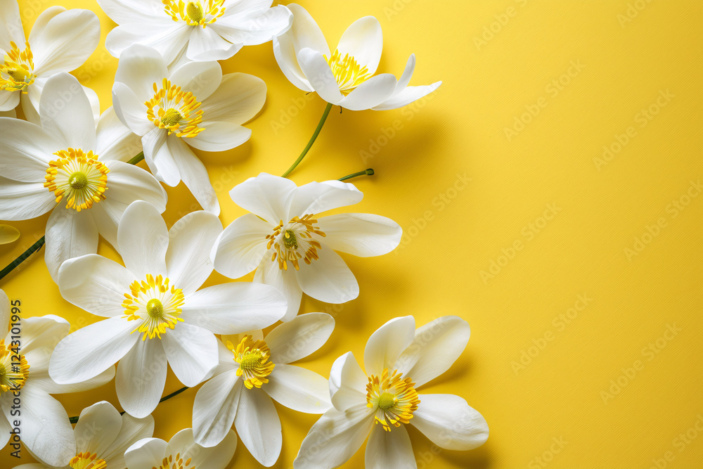 Poster white anemone flowers resting on vibrant yellow background with space for text