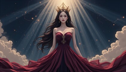 A stunning portrayal of a majestic queen, adorned in a luxurious gown and crown, emanating elegance and beauty amidst a radiant backdrop.