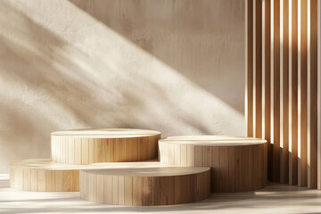 Multi-level wooden pedestal podiums in a warm, minimalist setting with a textured wall, vertical wood paneling, and soft natural shadows. Perfect for product display