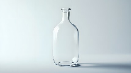 A transparent glass bottle with a clean reflection, isolated and empty, ideal for holding water, alcohol, or wine, placed on a white surface with a decanter for refreshment