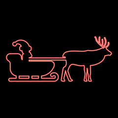 Neon santa Claus in a reindeer wagon chariot with sled red color vector illustration image flat style