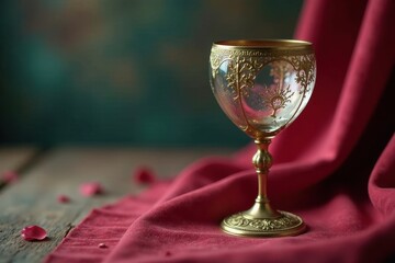 An ornate golden goblet rests on a crimson fabric, adorned with delicate floral patterns and scattered rose petals nearby.