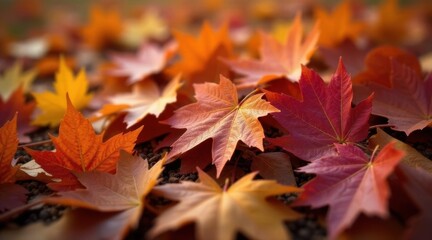 A ground covering of vibrant autumn leaves, showcasing a rich tapestry of reds and oranges, illuminated by a soft, natural light, creating a breathtaking seasonal display of nature's artistry.