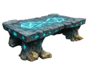 mystical stone table with glowing runes, featuring unique design and ancient symbols. This enchanting piece adds magical touch to any fantasy setting