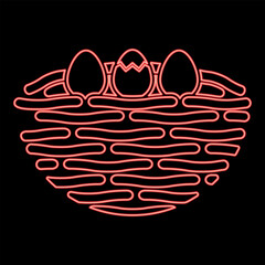 Neon bird's nest bird with egg red color vector illustration image flat style