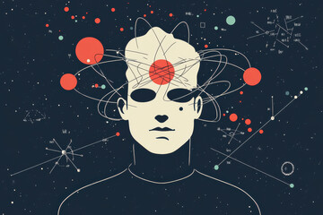 image features stylized representation of person with atomic model above their head, surrounded by celestial elements and scientific symbols, evoking themes of quantum physics and universe