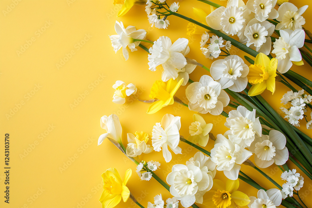 Poster beautiful spring or easter background with yellow and white daffodils on a sunny yellow backdrop