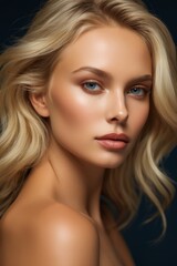 Fototapeta premium blond woman with long wavy hair posing in studio
