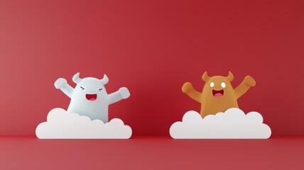 Obraz premium financial planning insurance tools concept. Two cartoon monsters with cheerful expressions on clouds against a red background.