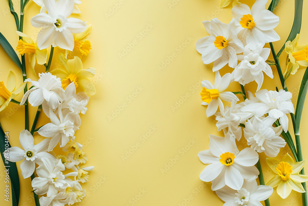 Poster white and yellow daffodils are forming a frame on a yellow background