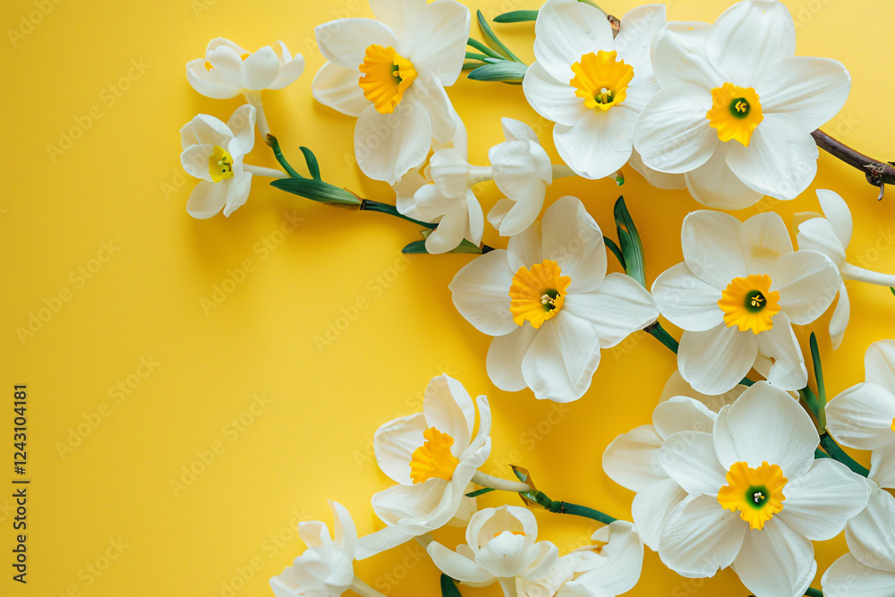 Poster beautiful white daffodils with yellow centers are lying on a yellow background forming a right borde