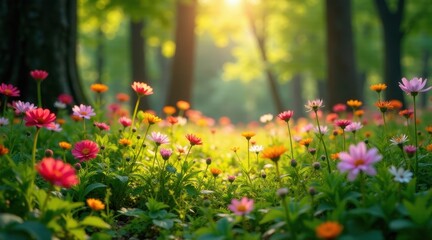 A sunlit meadow bursting with vibrant wildflowers, bathed in golden hour light, creating a serene and peaceful landscape of blooming flora