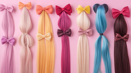 A vibrant selection of colorful hair extensions and bows arranged on a pink background, highlighting various styles and colors for trendy hairstyles.
