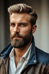 Obraz premium arafed man with a beard and a leather jacket looking off to the side