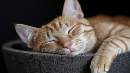 Ginger kitten naps peacefully in grey bowl, dark background; pet, sleep, comfort