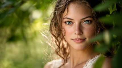 Naklejka premium Young woman in natural light with foliage. Perfect for natural beauty, soft portraits, and authentic lifestyle content.