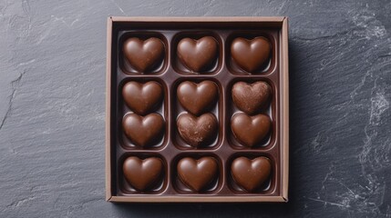 Obraz premium A Delightful Array of Heart-Shaped Chocolates, Exquisitely Arranged in a Luxurious Dark Box, Resting on a Sumptuous Gray Marble Surface, Evoking a Sense of Elegance and Indulgence