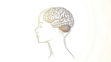A simple vector line drawing of the profile outline with a brain inside, on a white background, using brown lines, in a minimalist, flat illustration style. The design is simple and minimalist, 