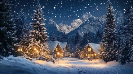 Naklejka premium Cozy Winter Cabins Surrounded by Snow-Covered Mountains and Softly Falling Snowflakes