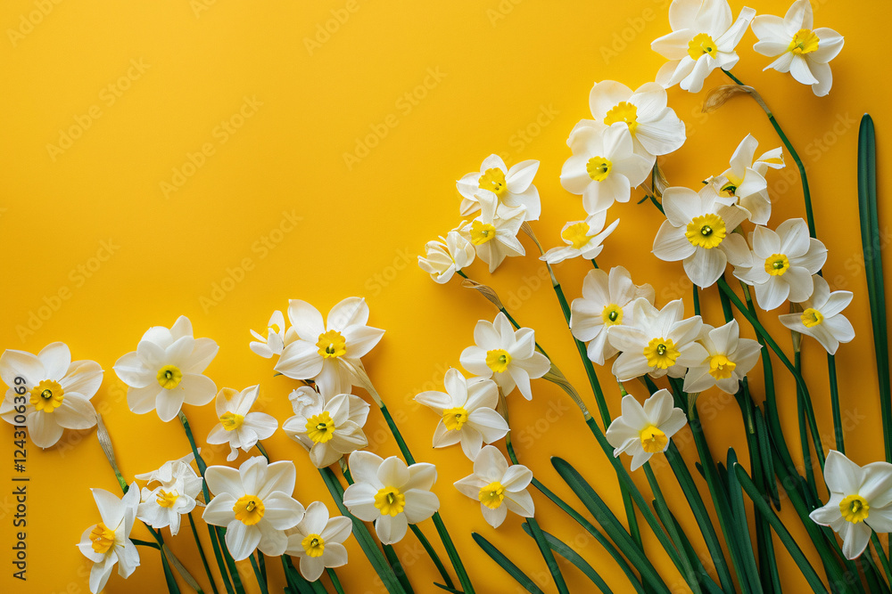 Poster white daffodil bouquet on a sunny yellow backdrop with blank space for text