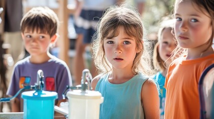 A group of children are standing in front of a water pump