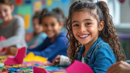 Fototapeta premium A group of children are sitting at a table, working on a craft project