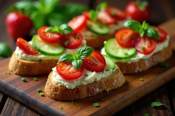 Savory Cream Cheese Toasts Topped with Sliced Cucumbers and Cherry Tomatoes, Garnished with Fresh Basil Leaves on a Wooden Board
