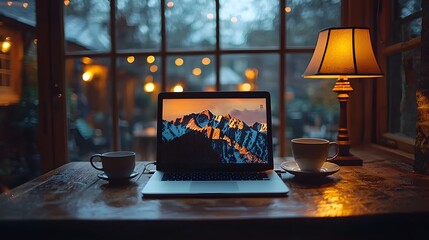 A dimly lit desk with a laptop screen glowing in the dark a person working late at night with a cup of coffee beside them soft warm light from a desk lamp deep shadows creating a moody atmosphere