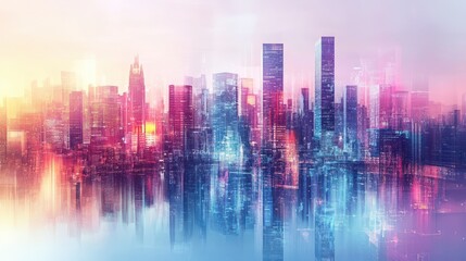 Fototapeta premium Panoramic view of a vibrant city skyline during sunset with buildings and colorful sky