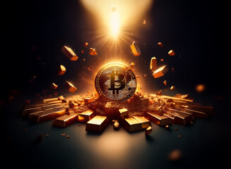 Golden bitcoin coin surrounded by gold bars, with a bright light shining from above on a dark background. Represents digital finance and wealth.