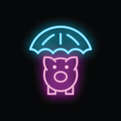 Neon sign of savings protection concept featuring a piggy bank sheltered by an umbrella on a dark background